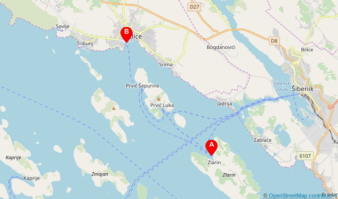 Map of ferry route between Zlarin and Vodice